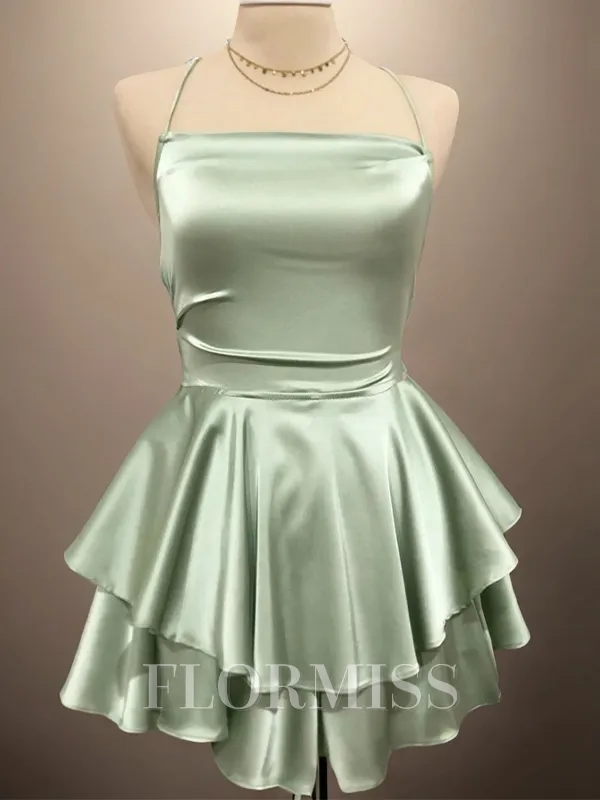 A-line Spaghetti Straps Cascading Ruffles Short/Mini Silk Like Satin Homecoming Dress