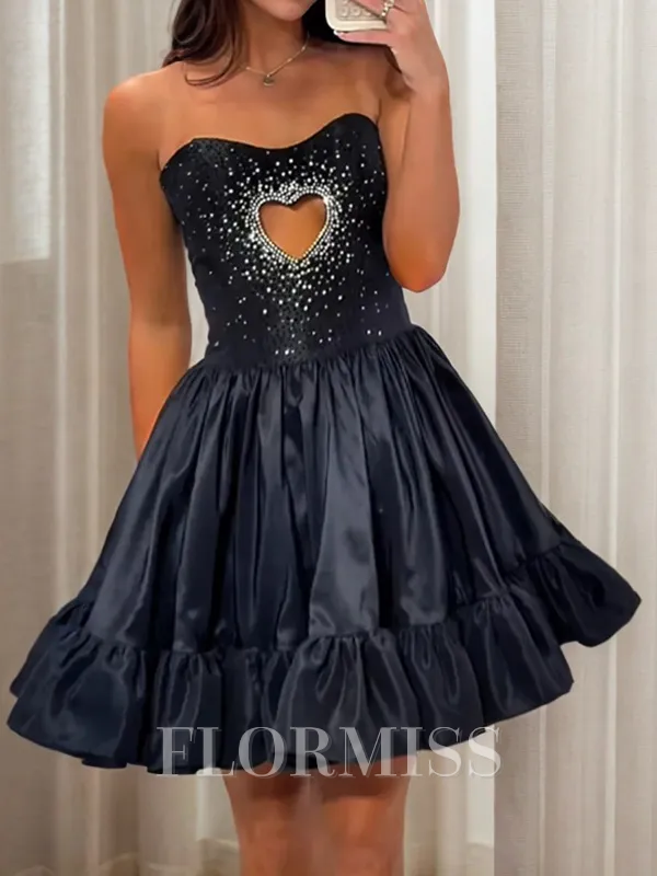 A-line Straight Rhinestone Short/Mini Silk Like Satin Homecoming Dress