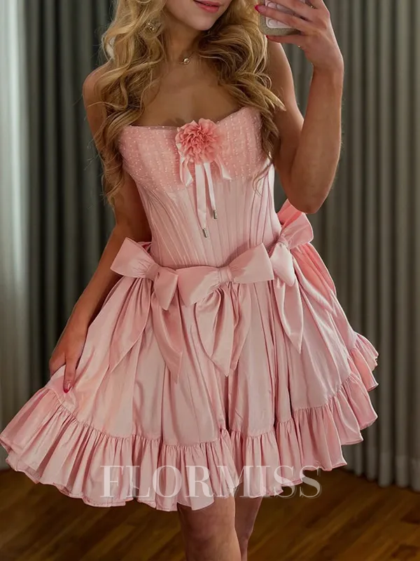 A-line Straight Bow Short/Mini Taffeta Corset Homecoming Dress