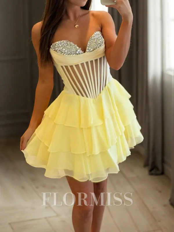 A-line Sweetheart Cascading Ruffles Short/Mini Satin Corset Homecoming Dress
