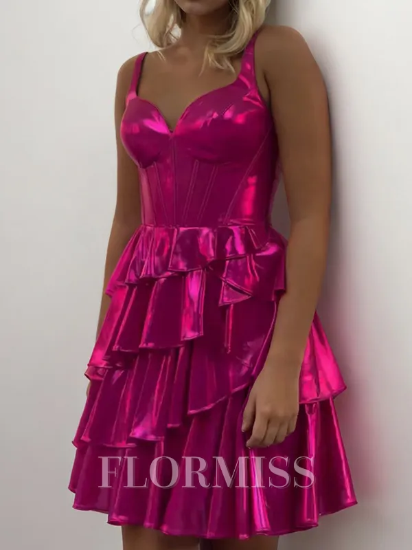 A-line Straps Cascading Ruffles Short/Mini Metallic Satin Corset Homecoming Dress