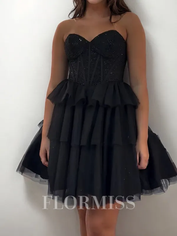 A-line Sweetheart Cascading Ruffles Short/Mini Tulle Corset Homecoming Dress