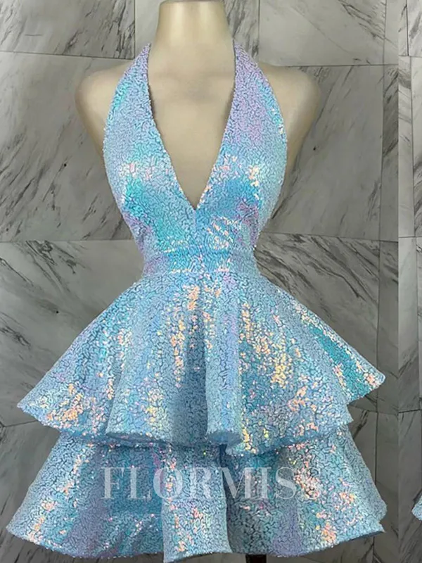 A-line Halter Cascading Ruffles Short/Mini Homecoming Dress