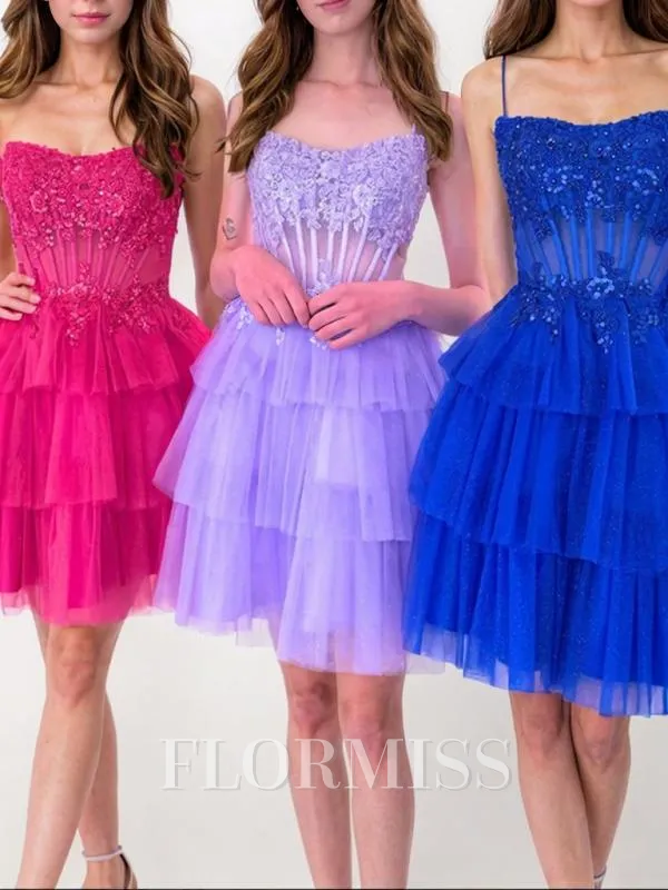 A-line Straight Appliques Lace Short/Mini Tulle Corset Homecoming Dress