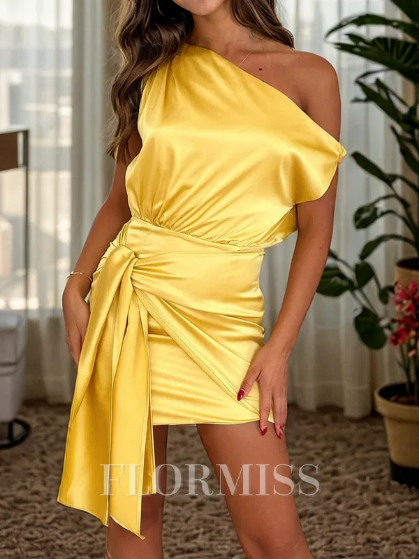 Sheath One-Shoulder Pleated Short/Mini Silk Like Satin Corset Homecoming Dress