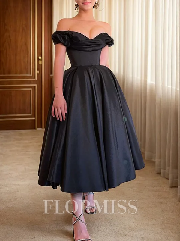 A-line Off-the-Shoulder Pleated Ankle-Length Satin Corset Homecoming Dress