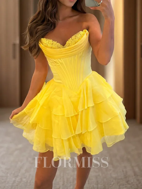 A-line Sweetheart Cascading Ruffles Short/Mini Chiffon Corset Homecoming Dress