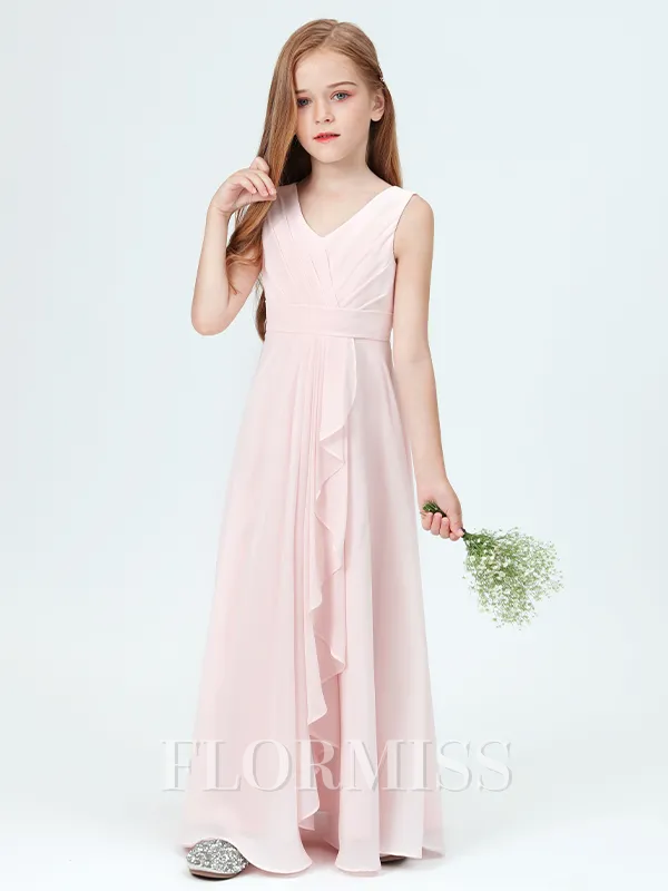 A-Line/Princess V-neck Floor-Length Chiffon Junior Bridesmaid Dresses With Pleated