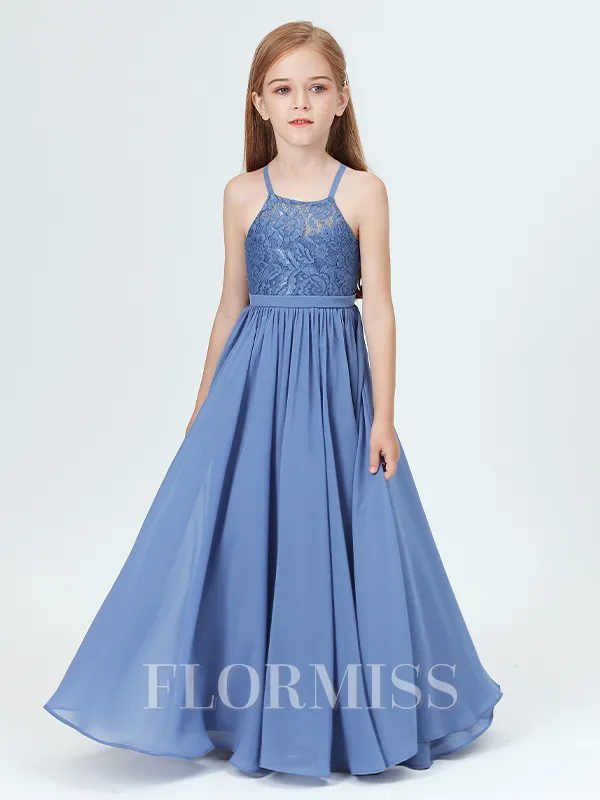 A-Line/Princess Halter Floor-Length Chiffon Junior Bridesmaid Dresses