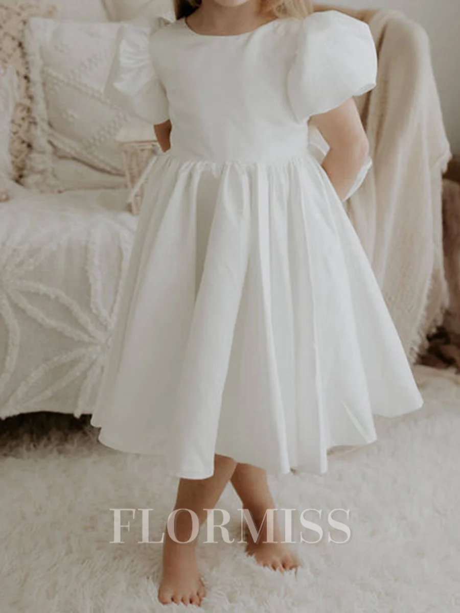 A-line Scoop Short Sleeves Bowknot Knee-Length Taffeta Flower Girl Dress