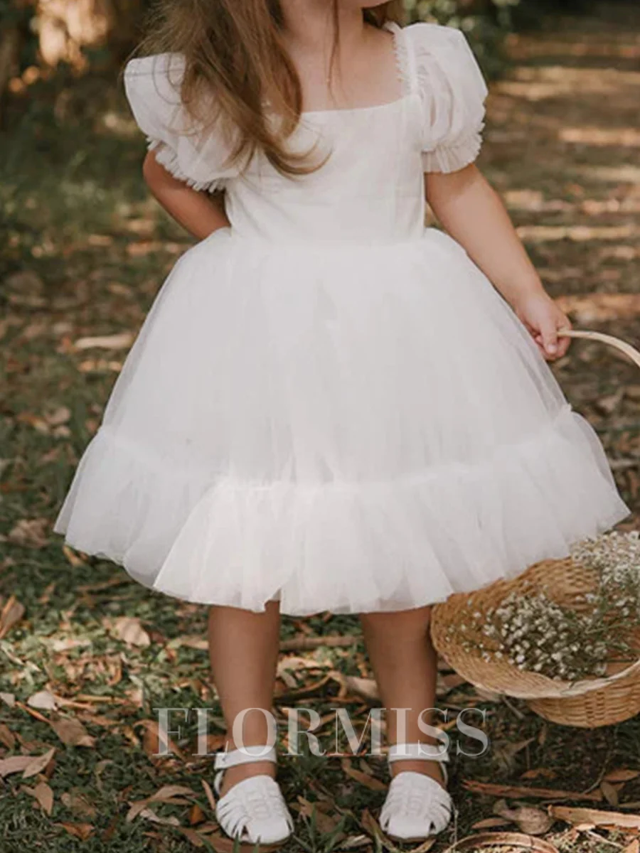 A-line Square Short Sleeves Bowknot Knee-Length Tulle Flower Girl Dress