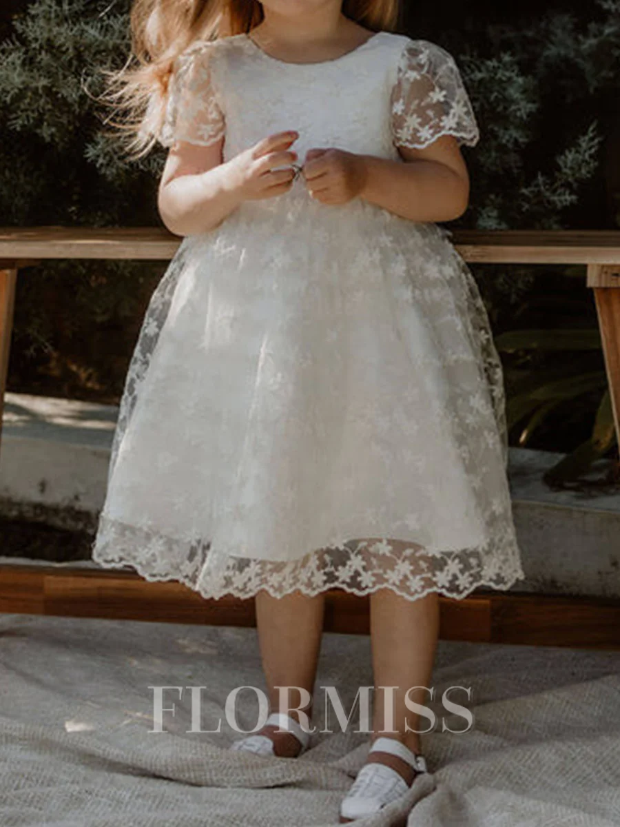 A-line Scoop Short Sleeves Bowknot Knee-Length Lace Flower Girl Dress