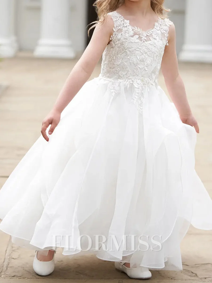 A-line Scoop Lace Floor-Length Organza Flower Girl Dress