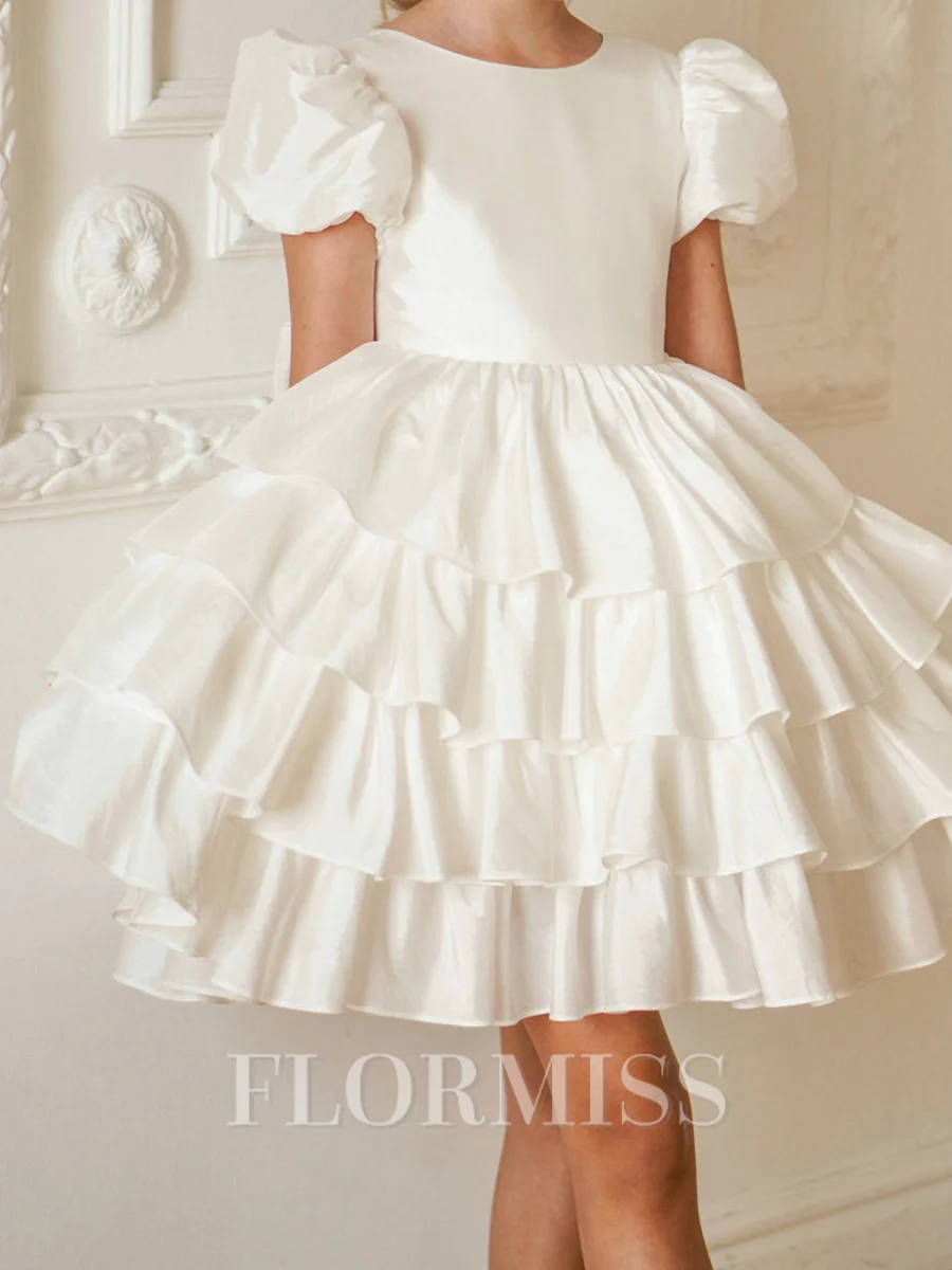 A-line Scoop Short Sleeves Bowknot Knee-Length Taffeta Flower Girl Dress