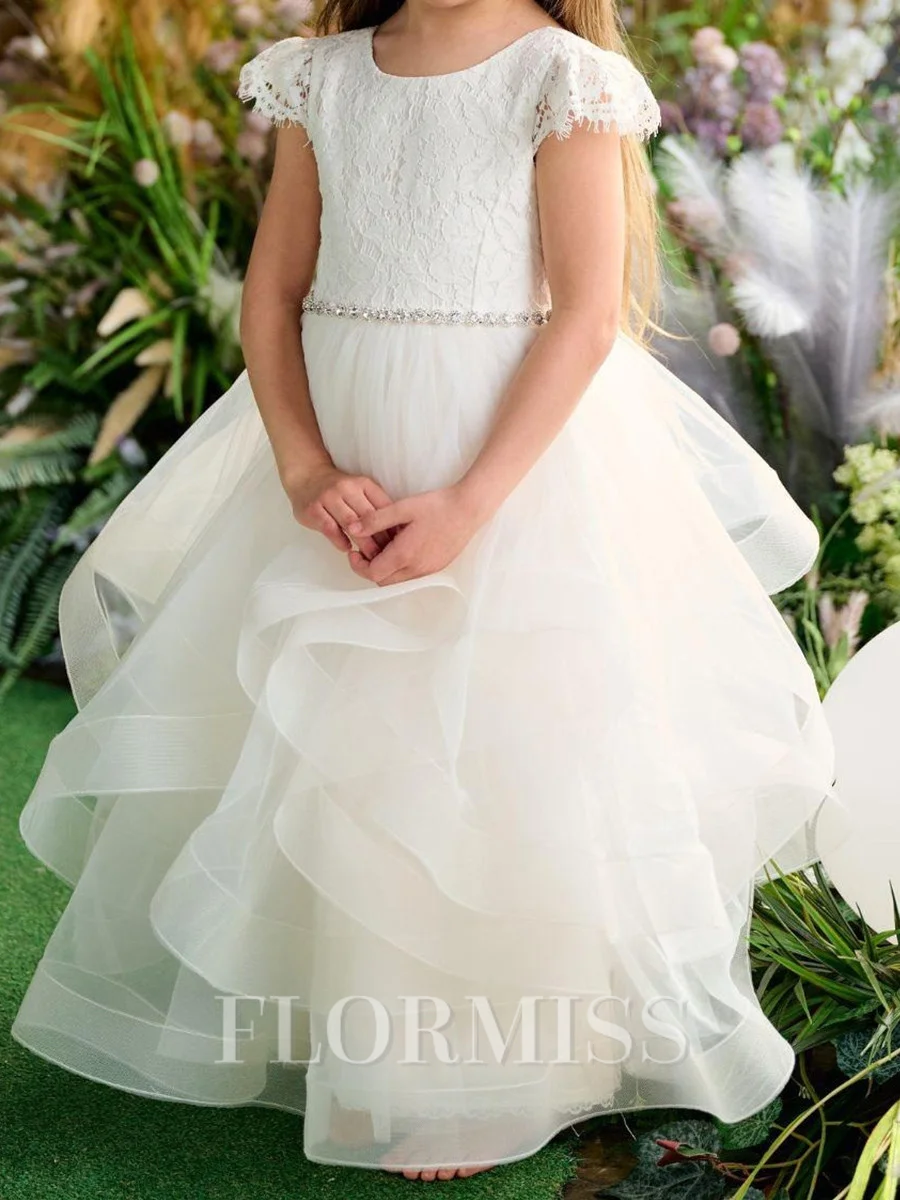 A-line Scoop Short Sleeves Beading Floor-Length Tulle Flower Girl Dress