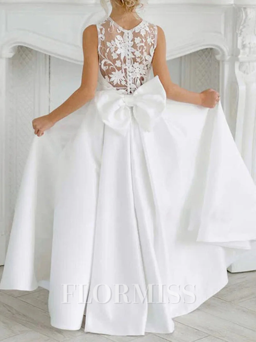 A-line Scoop Bowknot Floor-Length Satin Flower Girl Dress