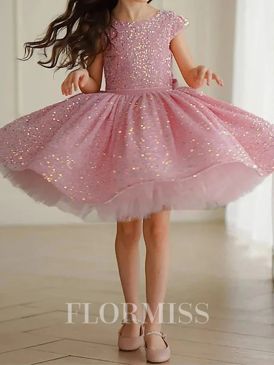 Ball-Gown Scoop Short Sleeves Sequin Knee-Length Velvet Sequins Flower Girl Dress