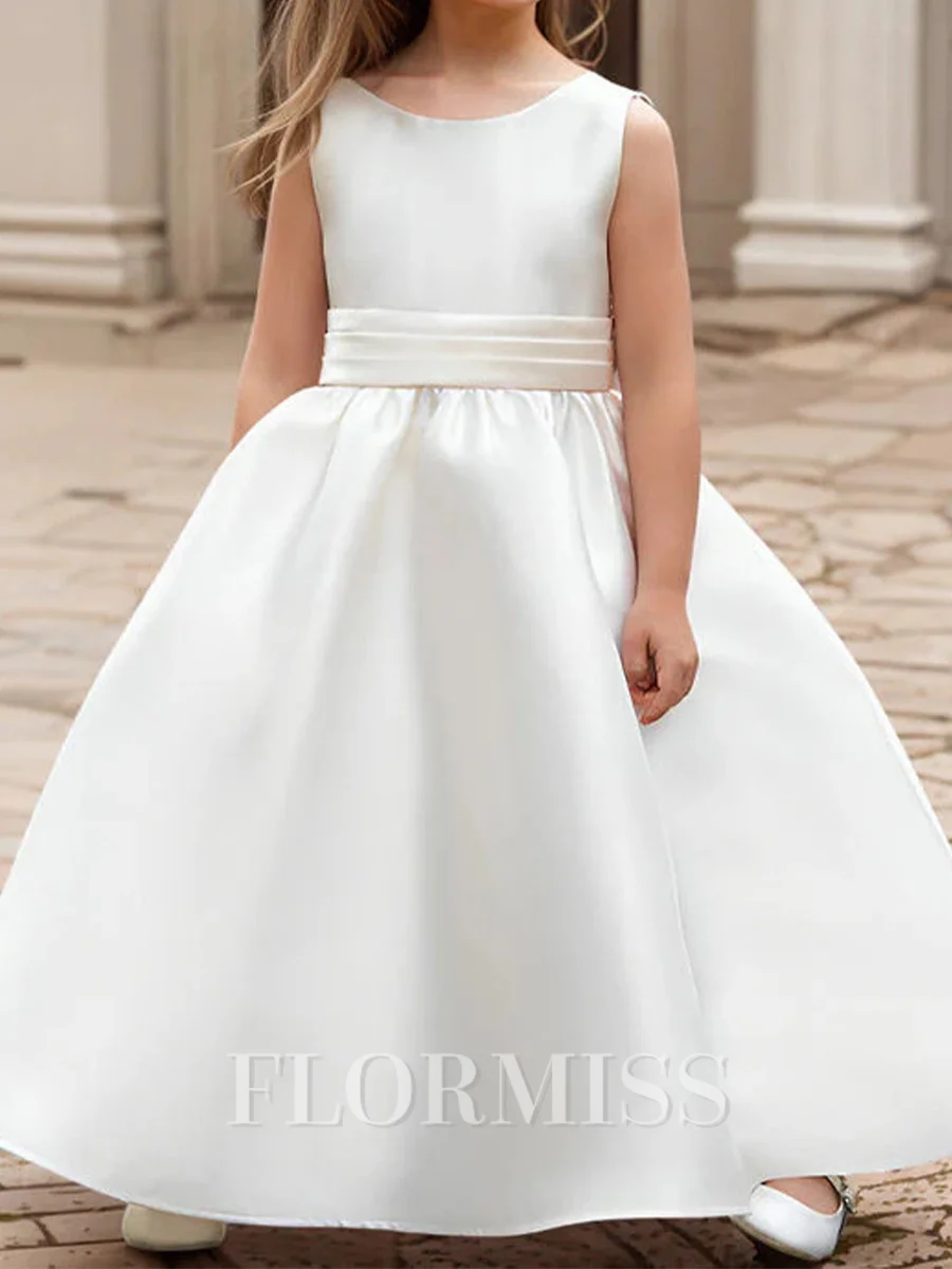 A-line Scoop Bowknot Floor-Length Satin Flower Girl Dress