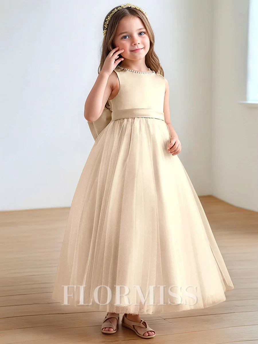 A-line Scoop Beading Ankle-Length Tulle Flower Girl Dress