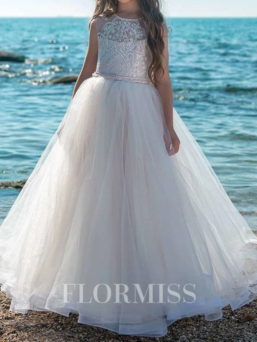 A-line Scoop Lace Floor-Length Tulle Flower Girl Dress