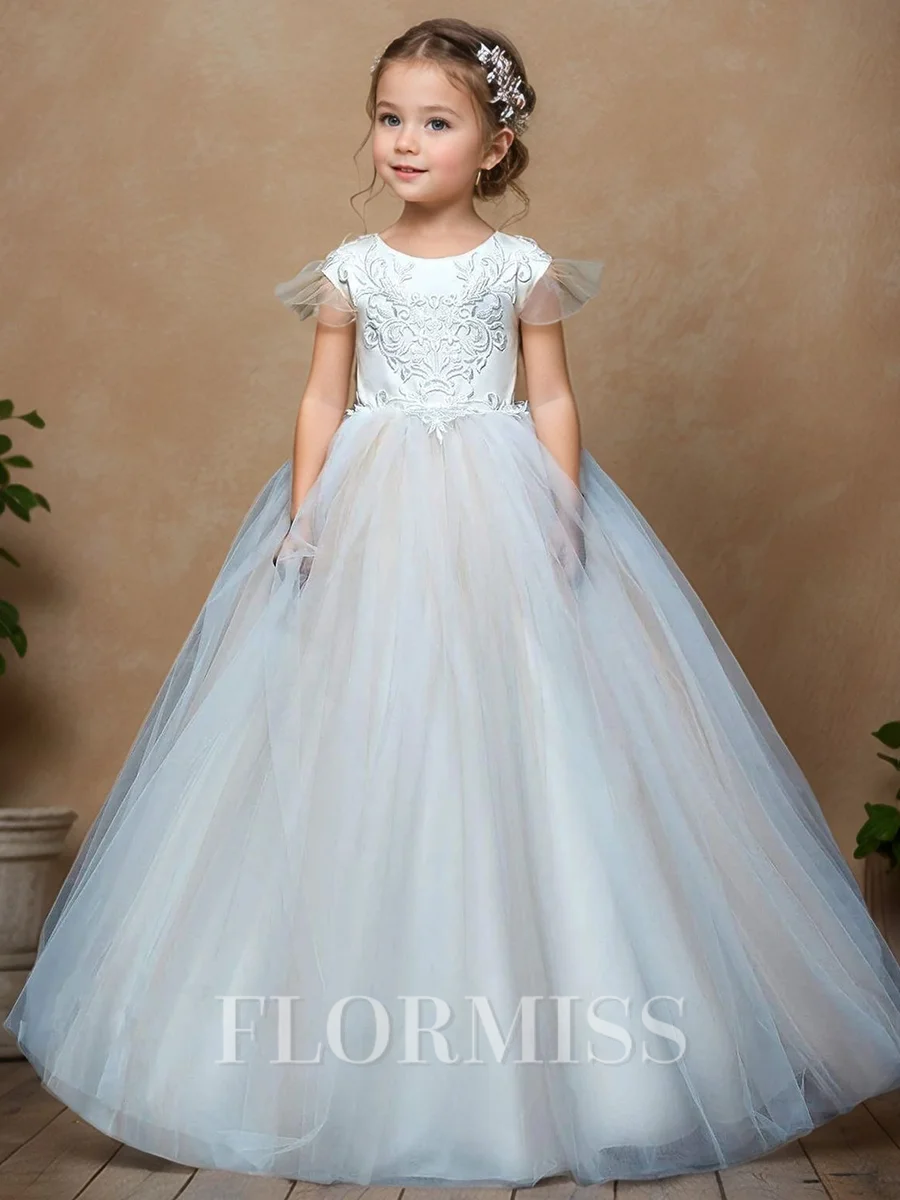 A-line Scoop Short Sleeves Bowknot Court Train Tulle Flower Girl Dress