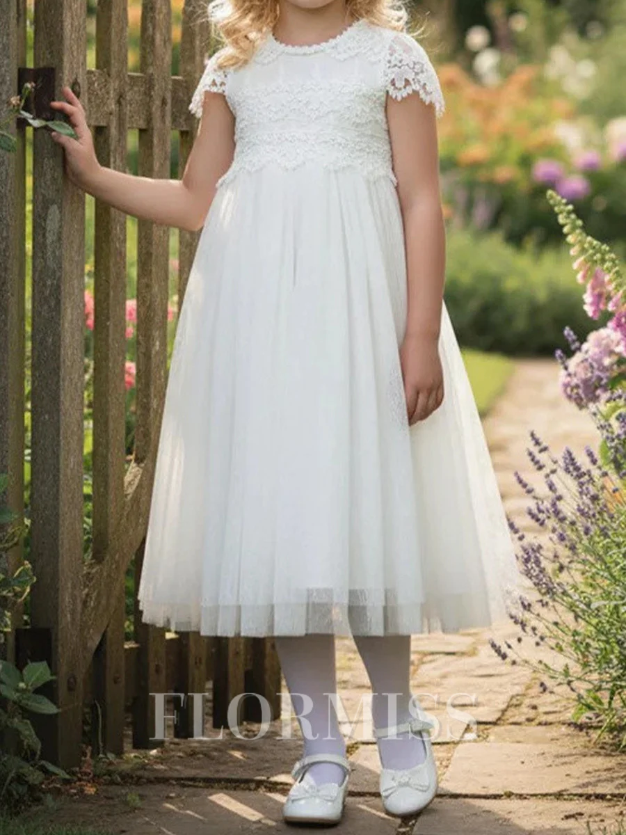 A-line Scoop Short Sleeves Lace Ankle-Length Tulle Flower Girl Dress
