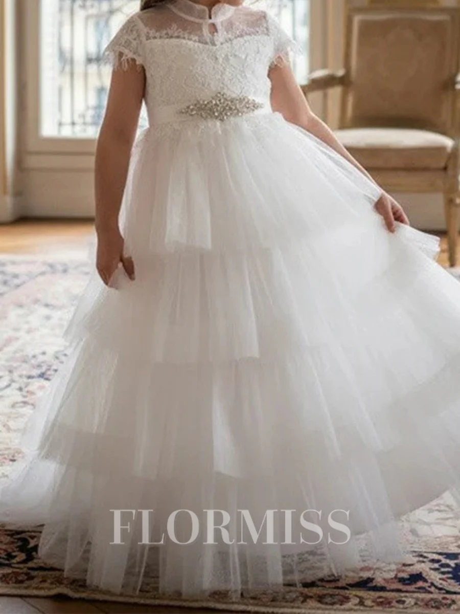 A-line High Neck Short Sleeves Beading Floor-Length Tulle Flower Girl Dress