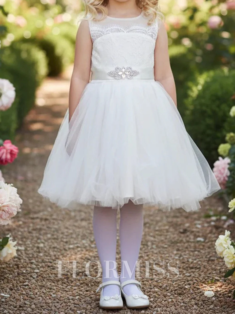 A-line Scoop Bowknot Knee-Length Tulle Flower Girl Dress