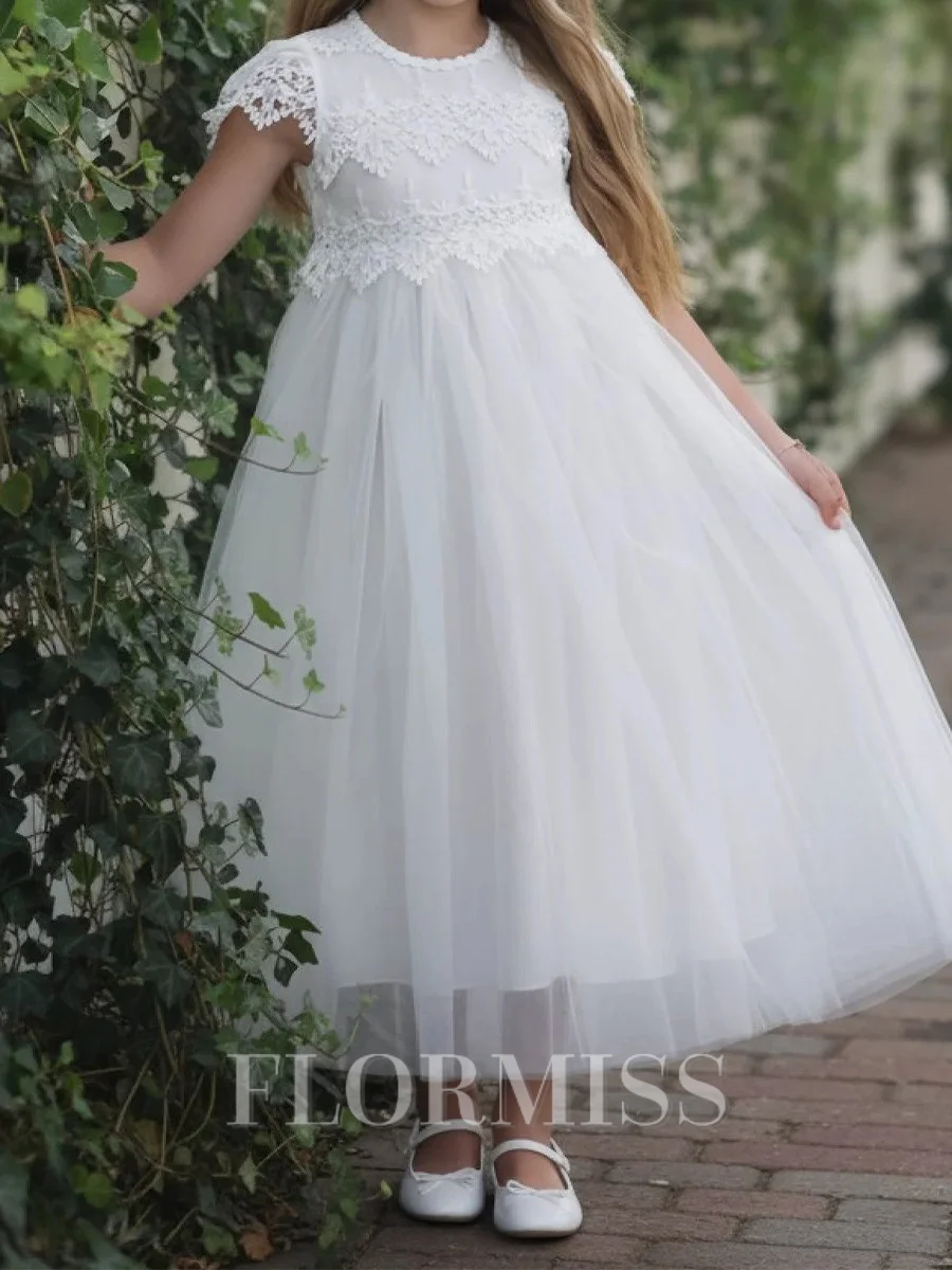 A-line Scoop Applique Ankle-Length Tulle Flower Girl Dress