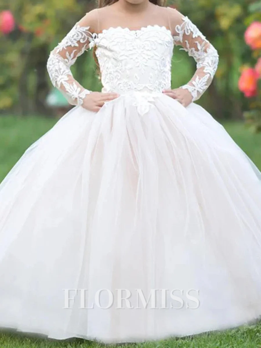 A-line Scoop Long Sleeves Applique Sweep Train Tulle Flower Girl Dress