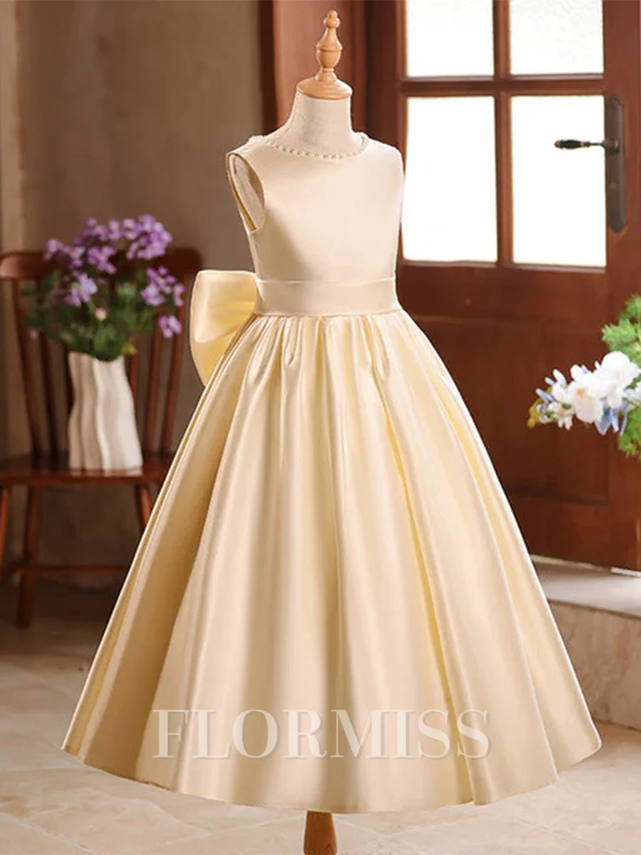 A-line Scoop Bowknot Floor-Length Satin Flower Girl Dress