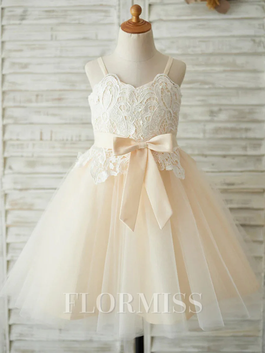 A-line Straps Bowknot Ankle-Length Tulle Flower Girl Dress