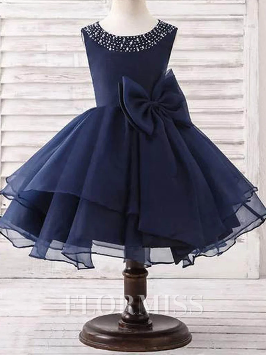 A-line Scoop Bowknot Tea-Length Organza Flower Girl Dress