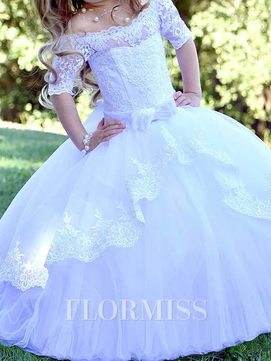 Ball-Gown Off-the-Shoulder 1/2 Sleeves Applique Sweep Train Tulle Flower Girl Dress