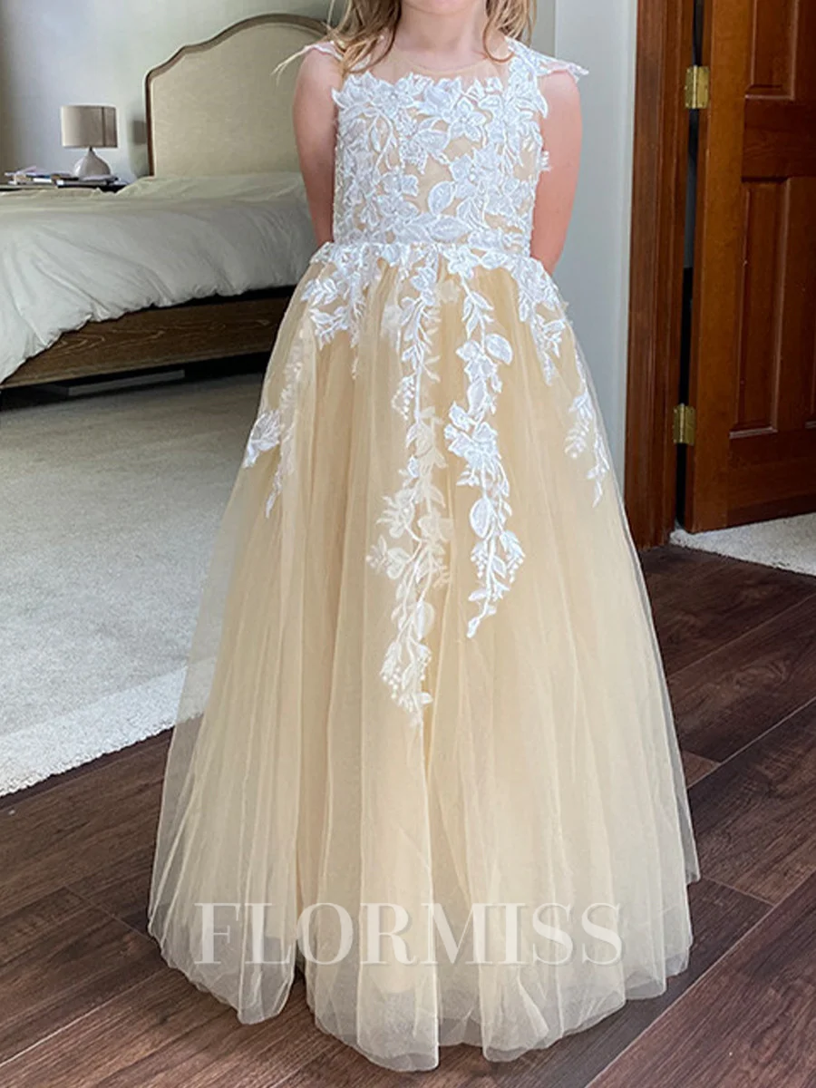 A-line Scoop Applique Floor-Length Tulle Flower Girl Dress