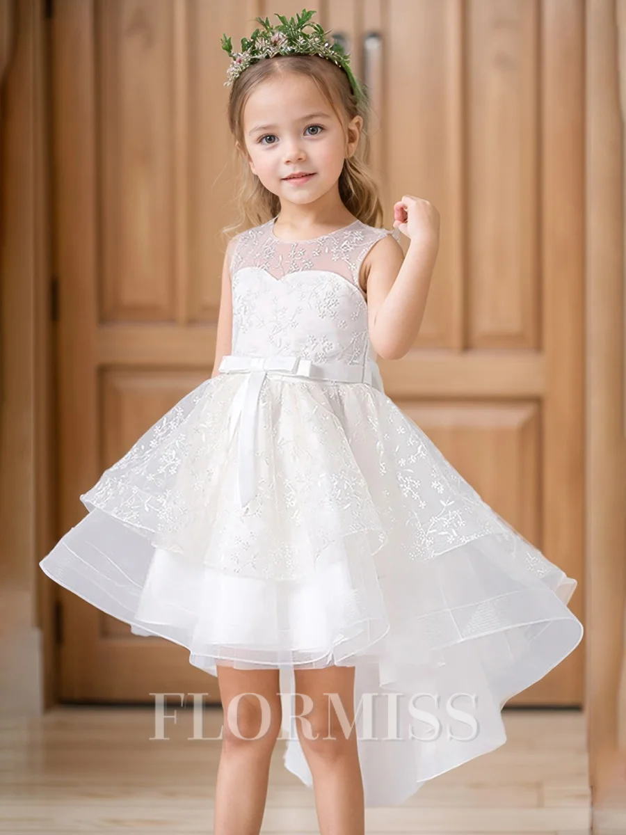 A-line Scoop Applique Asymmetrical Tulle Flower Girl Dress