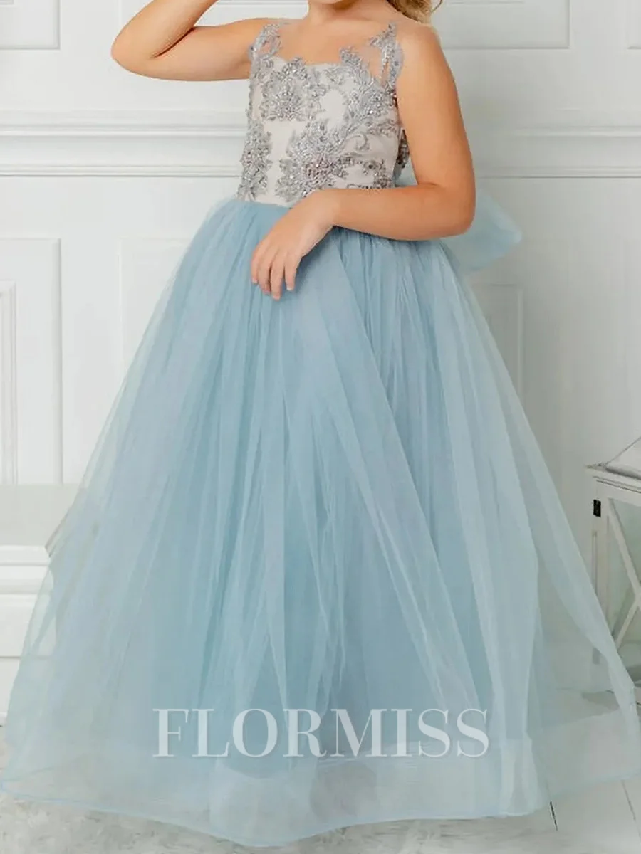A-line Scoop Applique Floor-Length Tulle Flower Girl Dress
