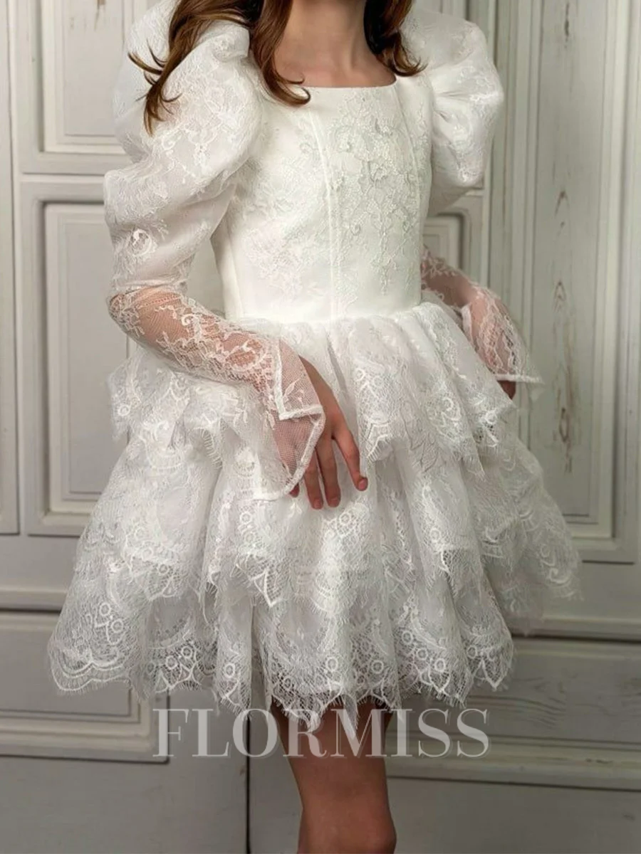 A-line Square Long Sleeves Lace Short/Mini Tulle Flower Girl Dress