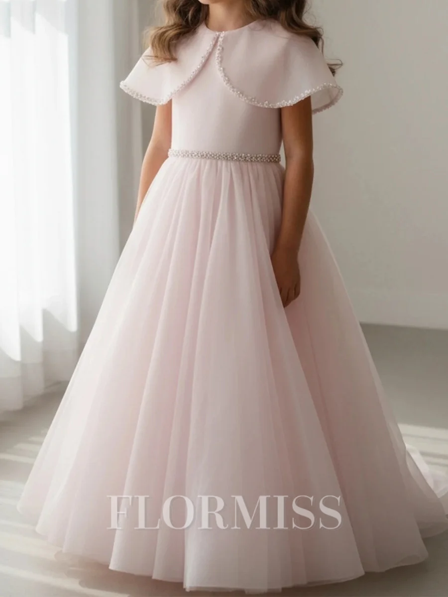 A-line Scoop Short Sleeves Beading Floor-Length Organza Flower Girl Dress
