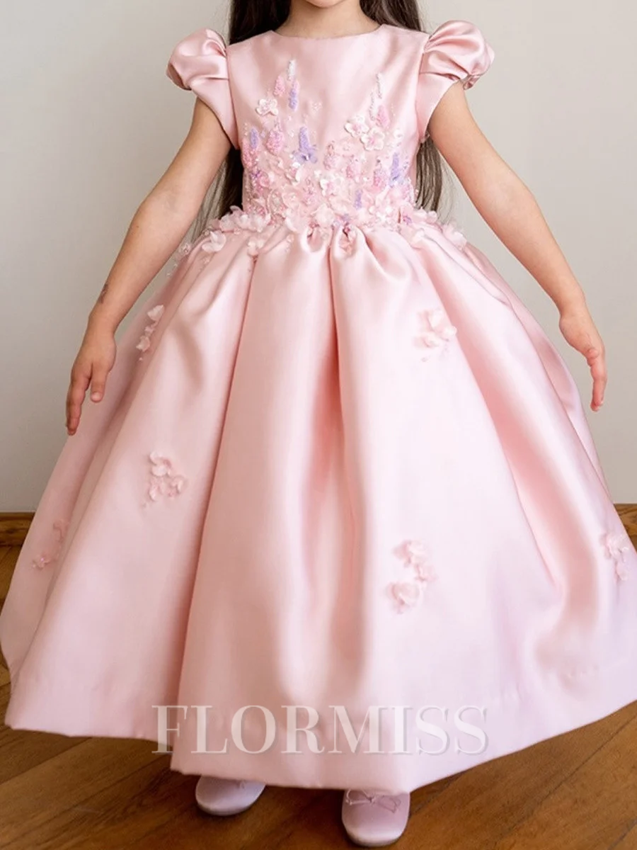 Ball-Gown Scoop Short Sleeves Flower Ankle-Length Satin Flower Girl Dress