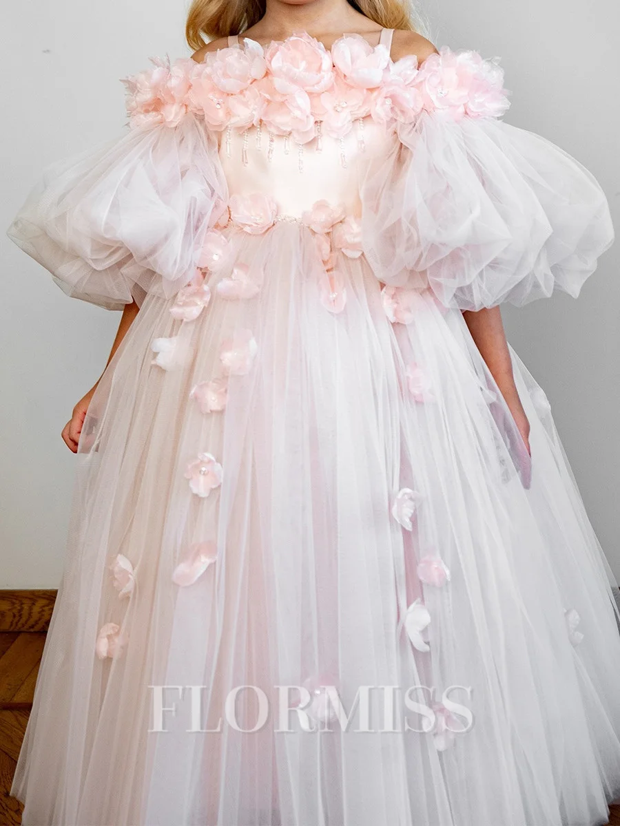 Ball-Gown Straps 3/4 Sleeves Flower Floor-Length Tulle Flower Girl Dress