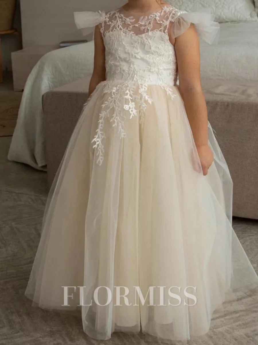 A-line Scoop Applique Floor-Length Tulle Flower Girl Dress
