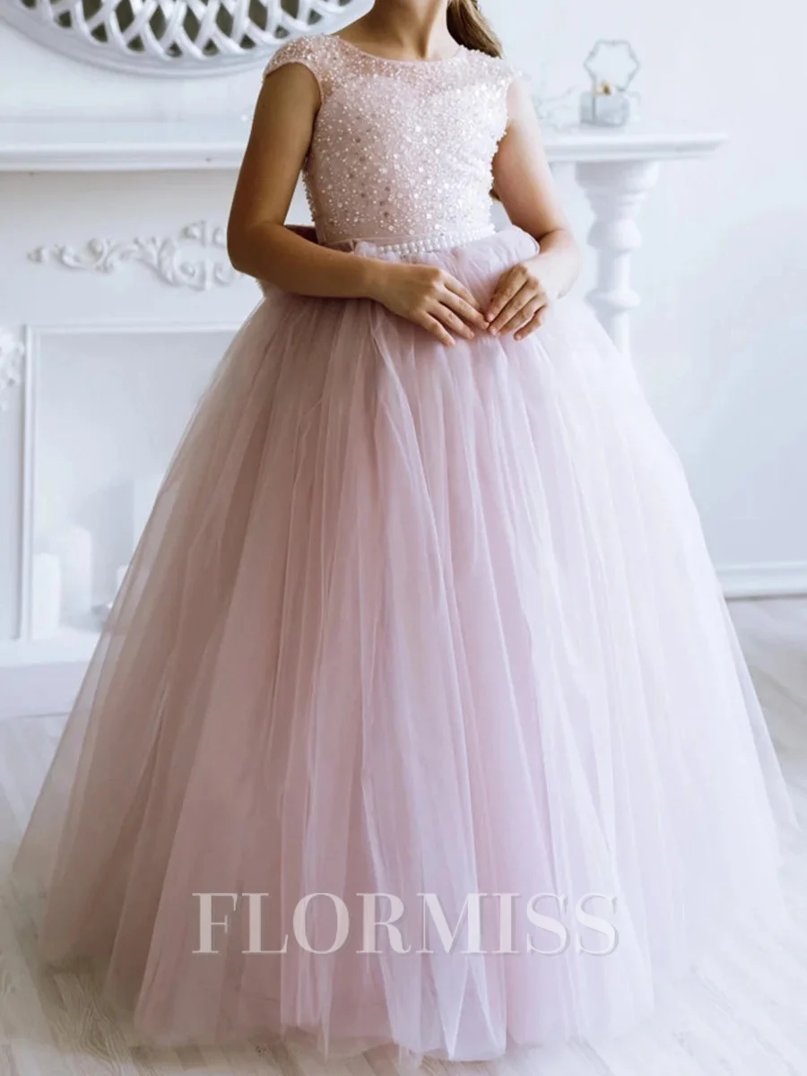 Ball-Gown Scoop Bowknot Floor-Length Tulle Flower Girl Dress