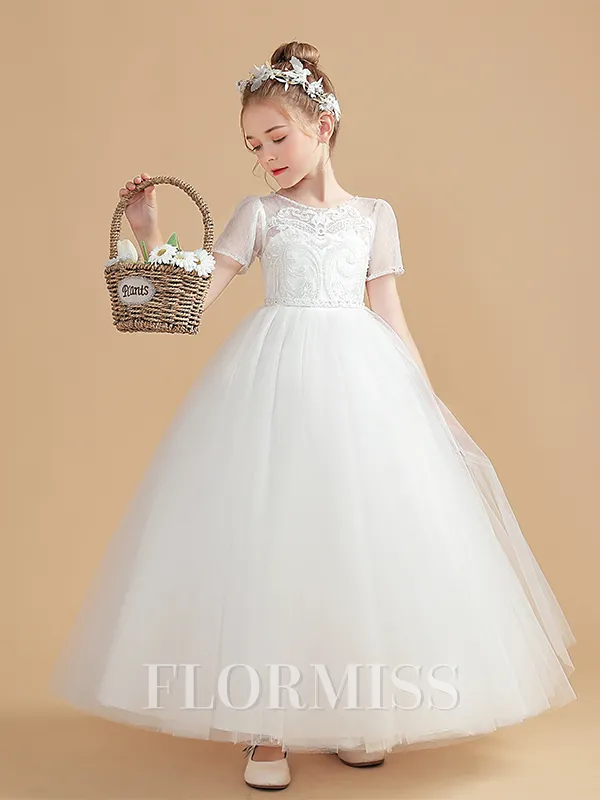Ball Gown Scoop Ankle-Length Tulle Junior Bridesmaid Dresses With Appliques Lace