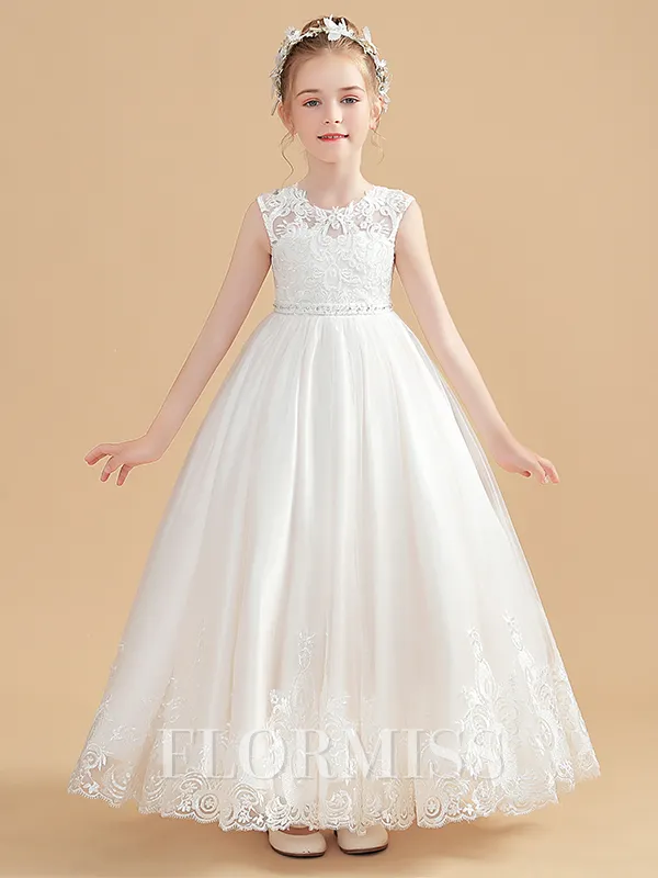 Ball Gown Scoop Ankle-Length Tulle Junior Bridesmaid Dresses With Appliques Lace