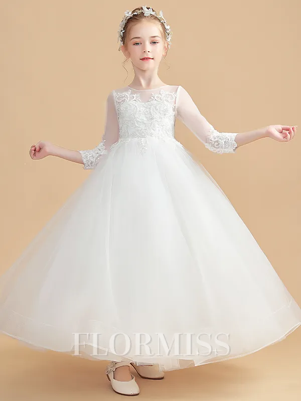Ball Gown Scoop Ankle-Length Tulle Junior Bridesmaid Dresses With Appliques Lace