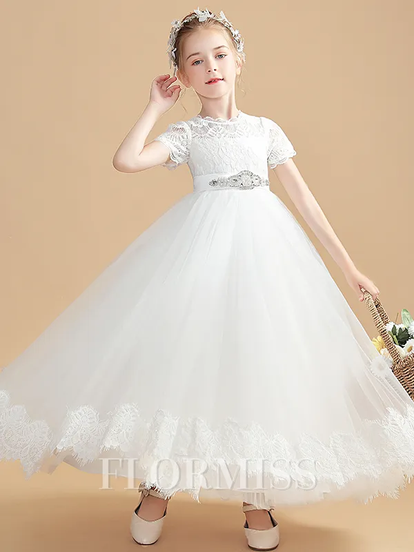 A-Line/Princess Scoop Ankle-Length Tulle Junior Bridesmaid Dresses With Belt/Sash