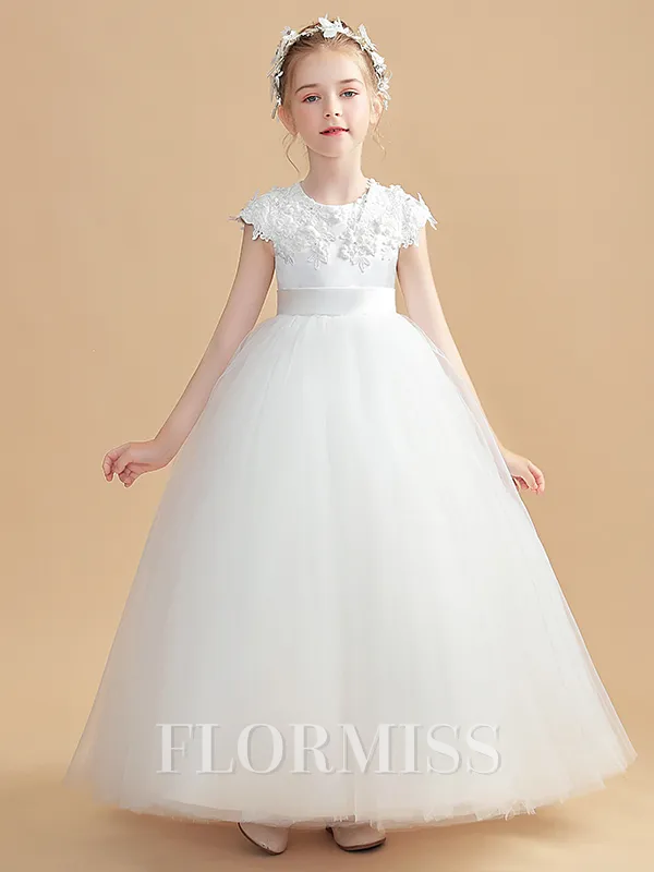 Ball Gown Scoop Ankle-Length Tulle Junior Bridesmaid Dresses With Appliques Lace