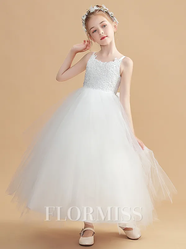 Ball Gown Straps Ankle-Length Tulle Junior Bridesmaid Dresses With Bow