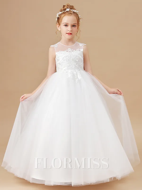 A-Line/Princess Scoop Ankle-Length Tulle Junior Bridesmaid Dresses With Appliques Lace
